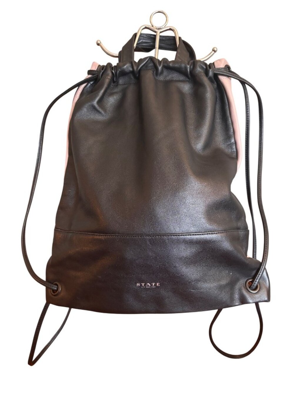 State Drawstring Backpack Black & Pink Leather Reversible Color Block Minimalist
